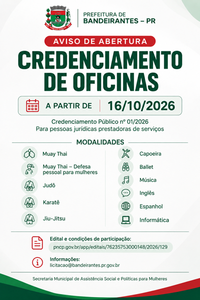 PESSOAS JUR&Iacute;DICAS INTERESSADAS EM MINISTRAR AULAS DE ARTES MARCIAIS, DAN&Ccedil;A, M&Uacute;SICA, IDIOMAS E INFORM&Aacute;TICA PODEM SE CREDENCIAR